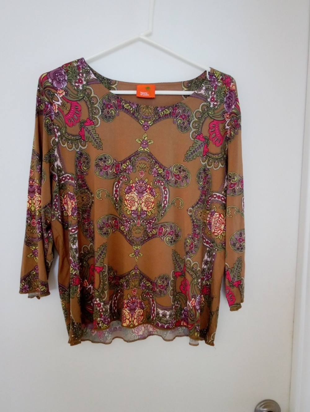 hearts of palm Brown Paisley-Print Long Sleeve Scoop Neck Top
